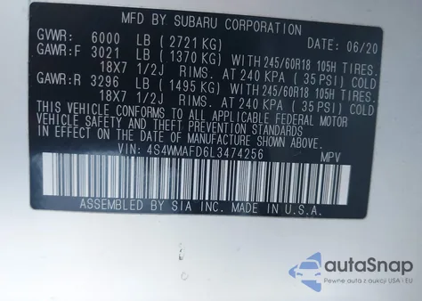 2020 Subaru Ascent Premium from USA, damaged, VIN 4S4WMAFD6L3474256